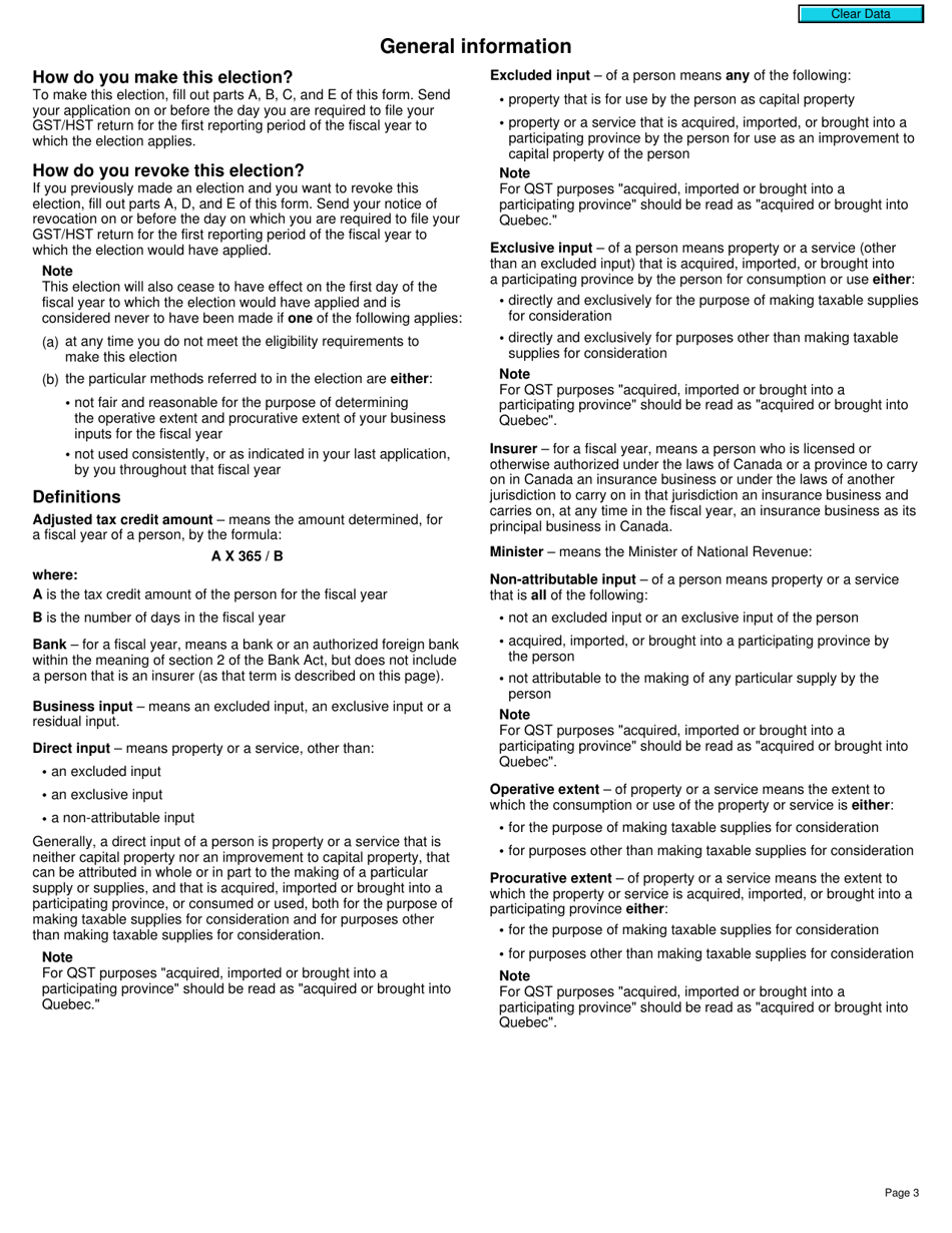 Form RC7222 Election or Revocation for a Qualifying Institution That Is a Selected Listed Financial Institution to Use Particular Methods Specified in an Application Under Subsection 141.02(18) of the ETA for Gst / Hst and Qst Purposes - Canada, Page 3