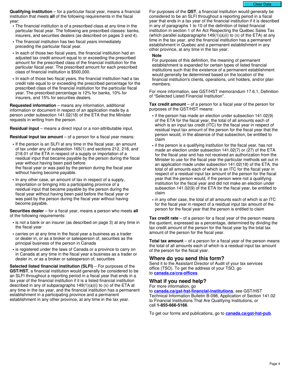Form RC7222 Election or Revocation for a Qualifying Institution That Is a Selected Listed Financial Institution to Use Particular Methods Specified in an Application Under Subsection 141.02(18) of the ETA for Gst / Hst and Qst Purposes - Canada, Page 4