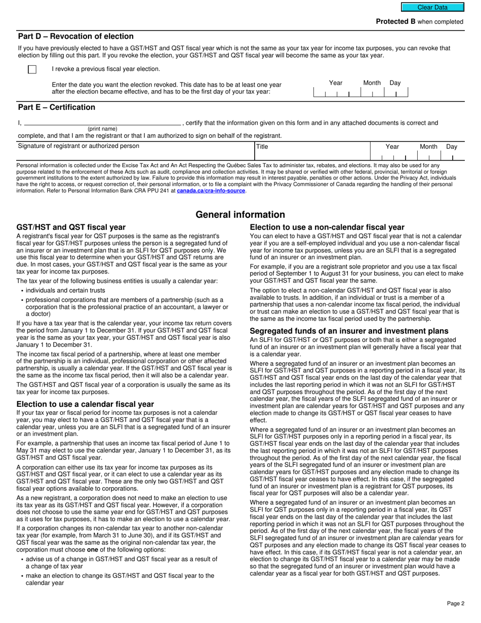 Form RC7270 Election or Revocation of an Election to Change a Gst / Hst and Qst Fiscal Year for a Selected Listed Financial Institution - Canada, Page 2