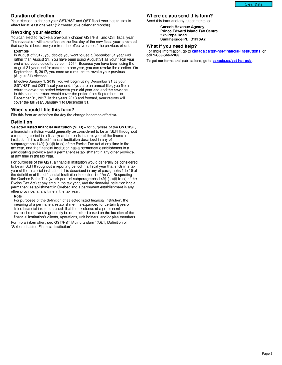 Form RC7270 Election or Revocation of an Election to Change a Gst / Hst and Qst Fiscal Year for a Selected Listed Financial Institution - Canada, Page 3