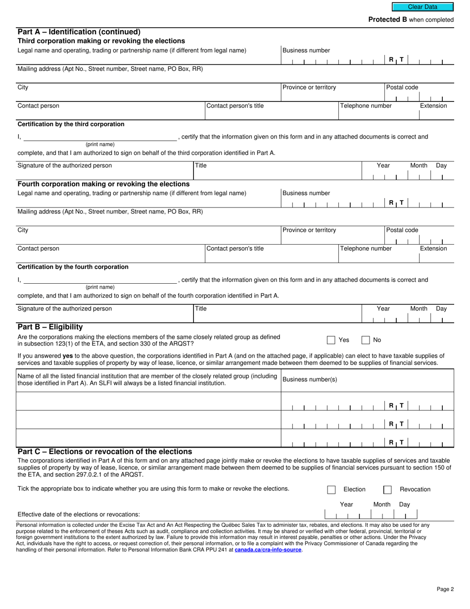 Form RC7227 Elections or Revocation of the Elections to Deem Certain Supplies to Be Financial Services for Gst / Hst and Qst Purposes for Selected Listed Financial Institutions - Canada, Page 2