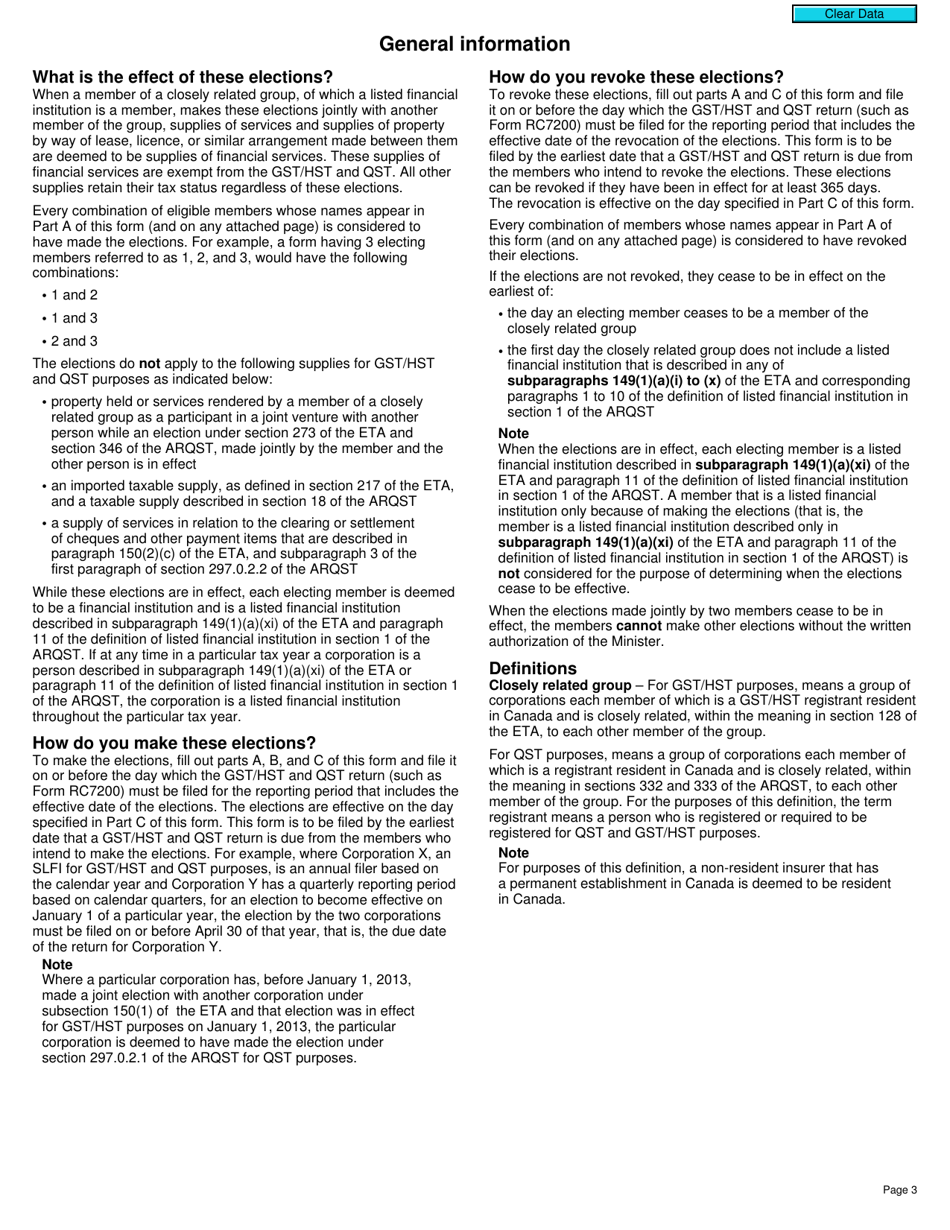 Form RC7227 Elections or Revocation of the Elections to Deem Certain Supplies to Be Financial Services for Gst / Hst and Qst Purposes for Selected Listed Financial Institutions - Canada, Page 3