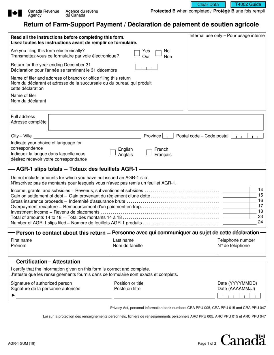 Form AGR-1 SUM Return of Farm-Support Payment - Canada (English / French), Page 1
