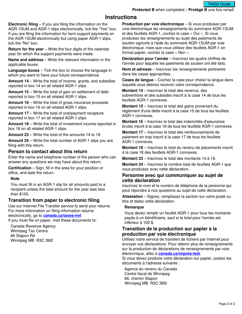 Form AGR-1 SUM Return of Farm-Support Payment - Canada (English / French), Page 2