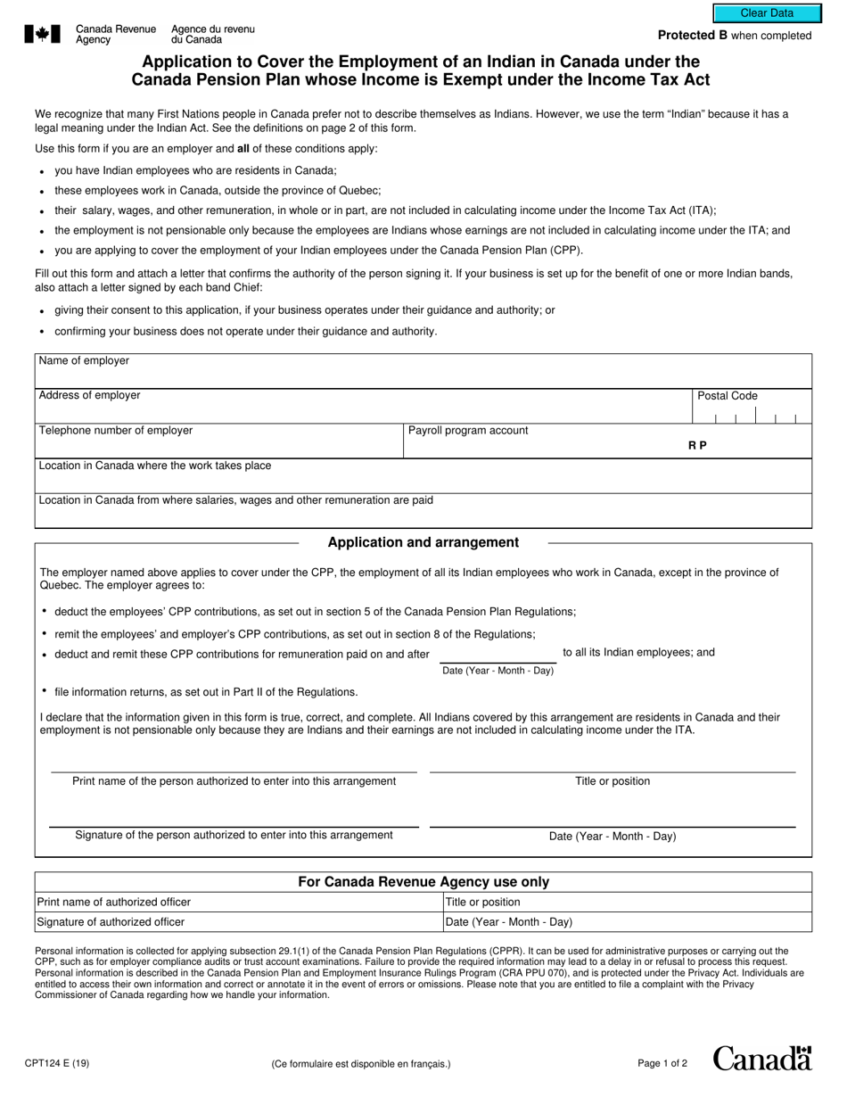 Form CPT124 Application to Cover the Employment of an Indian in Canada Under the Canada Pension Plan Whose Income Is Exempt Under the Income Tax Act - Canada, Page 1