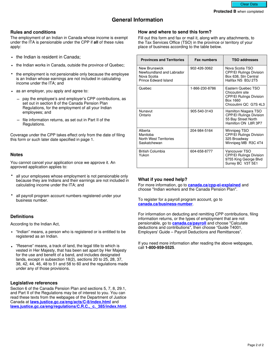 Form CPT124 Application to Cover the Employment of an Indian in Canada Under the Canada Pension Plan Whose Income Is Exempt Under the Income Tax Act - Canada, Page 2