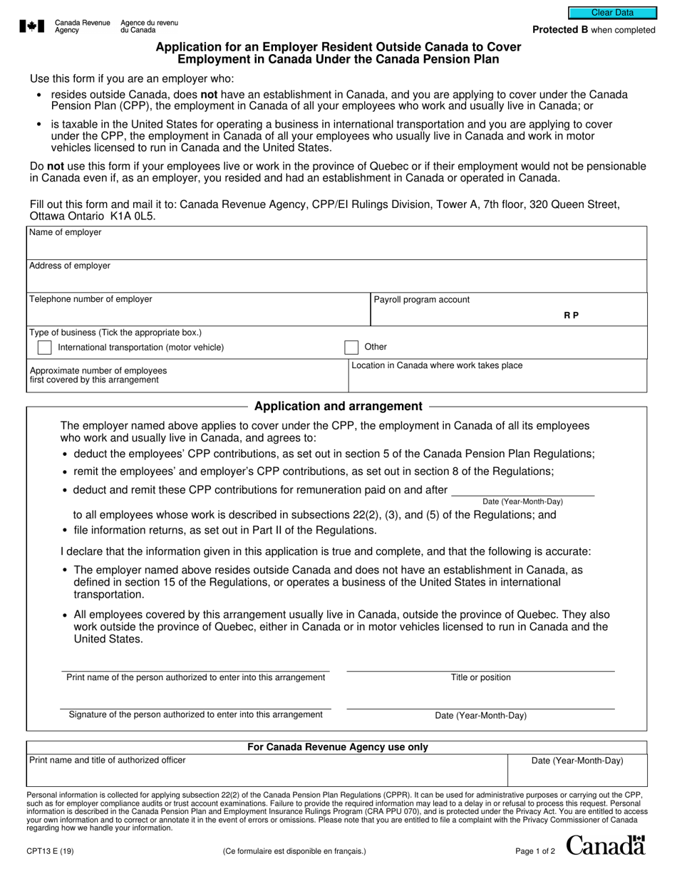 Form CPT13 Application for an Employer Resident Outside Canada to Cover Employment in Canada Under the Canada Pension Plan - Canada, Page 1