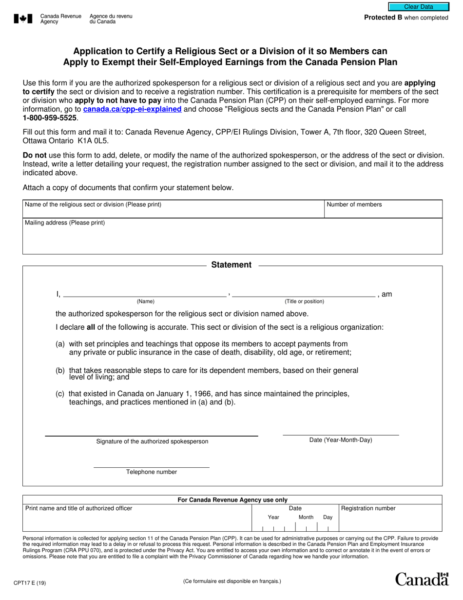 Form CPT17 Application to Certify a Religious Sect or a Division of It so Members Can Apply to Exempt Their Self-employed Earnings From the Canada Pension Plan - Canada, Page 1