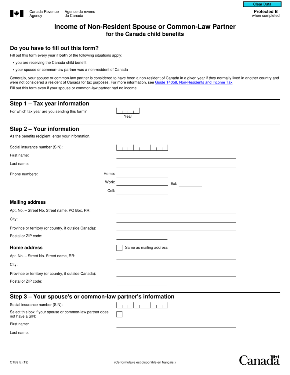 Form CTB9 Income of Non-resident Spouse or Common-Law Partner for the Canada Child Benefit - Canada, Page 1