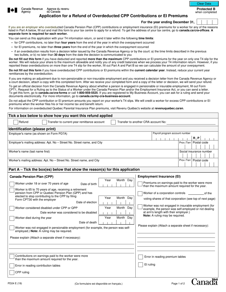 Form PD24 Application for a Refund of Overdeducted Cpp Contributions or Ei Premiums - Canada, Page 1