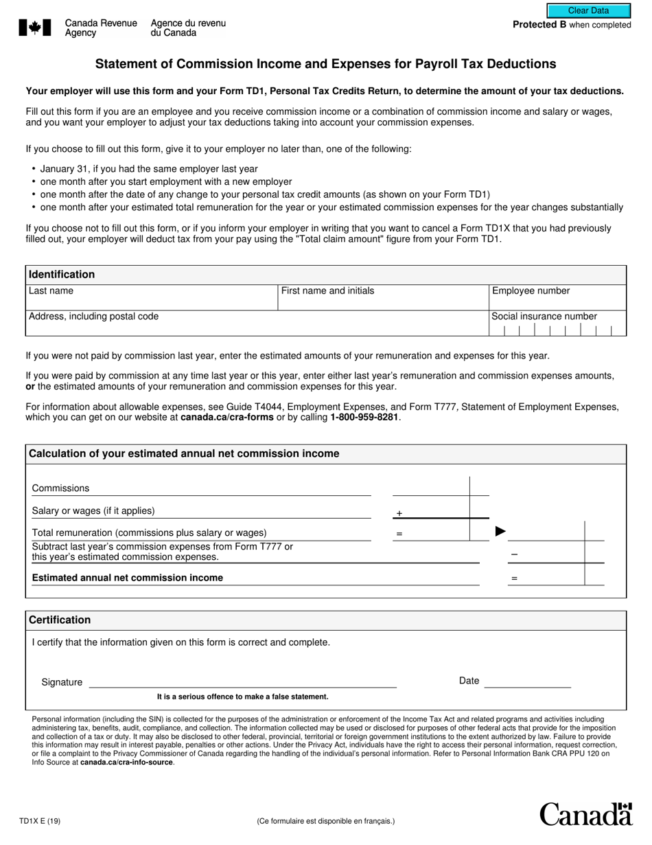 Form TD1X Download Fillable PDF Or Fill Online Statement Of Commission 