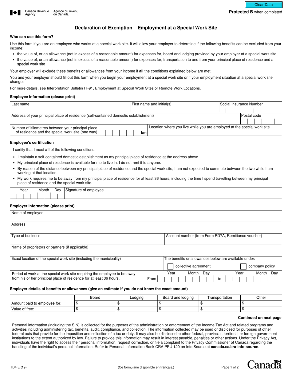 Form TD4 - Fill Out, Sign Online and Download Fillable PDF, Canada ...