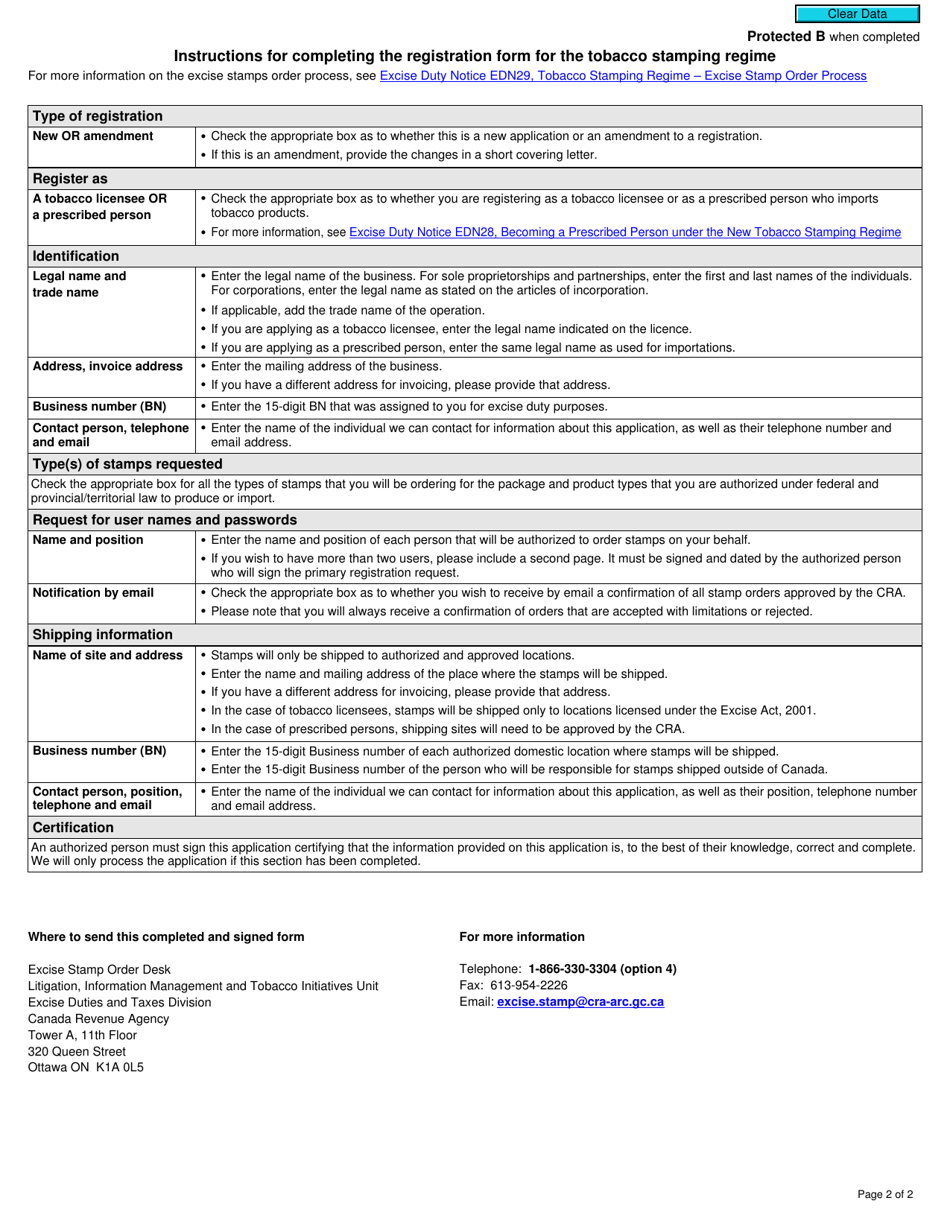 Form RC616 Registration for the Tobacco Stamping Regime - Canada, Page 2