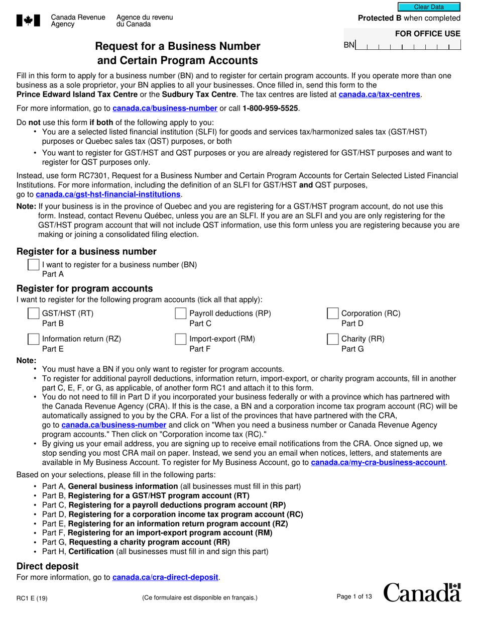 Form RC1 Request for a Business Number and Certain Program Accounts - Canada, Page 1