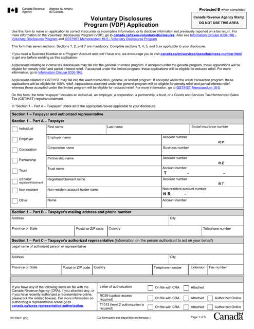 Form RC199 Voluntary Disclosures Program (Vdp) Application - Canada