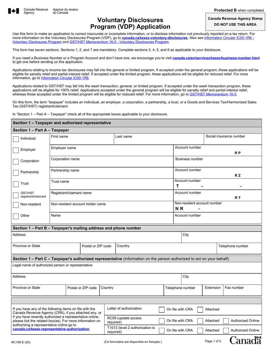 Form RC199 Voluntary Disclosures Program (Vdp) Application - Canada, Page 1