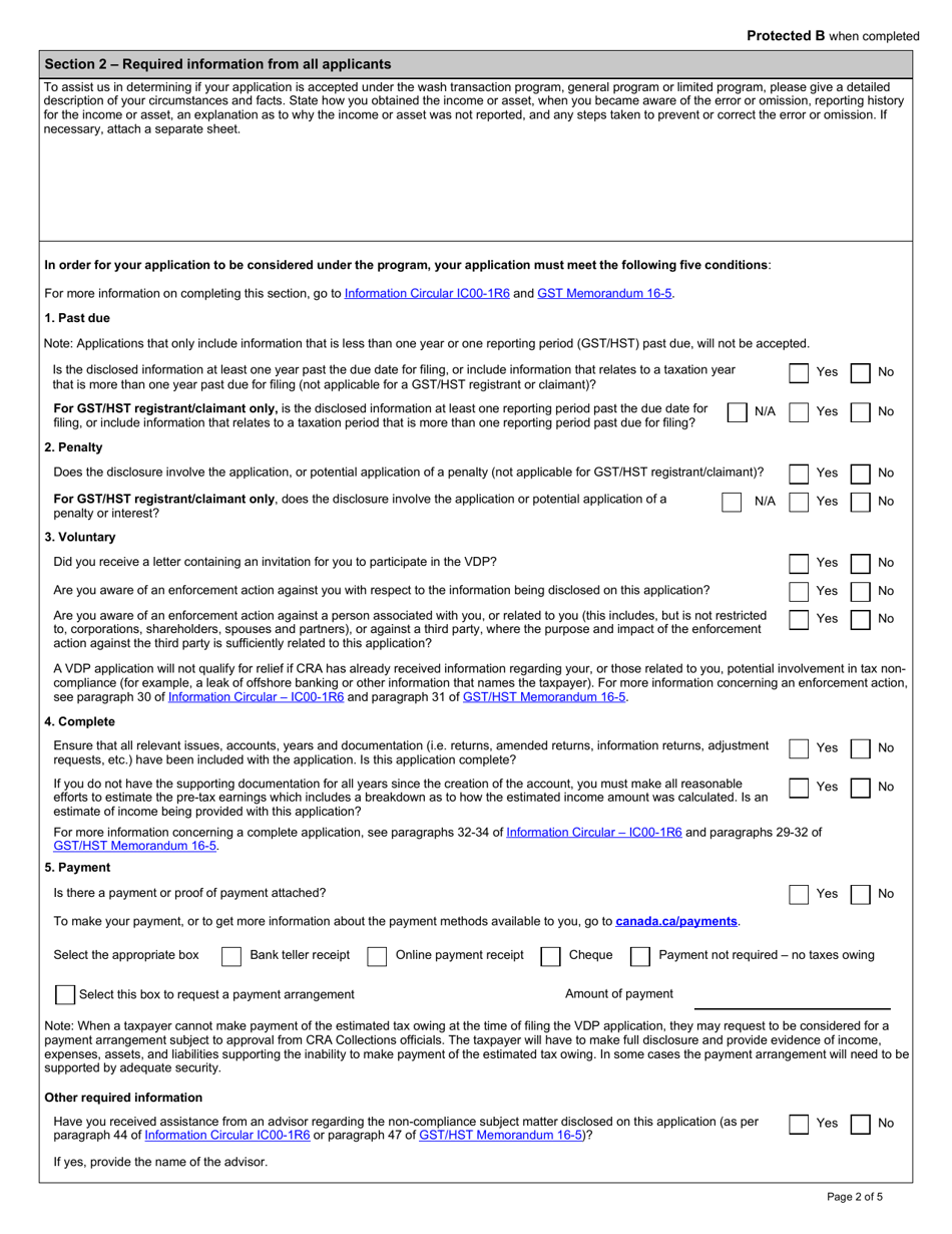 Form RC199 Voluntary Disclosures Program (Vdp) Application - Canada, Page 2