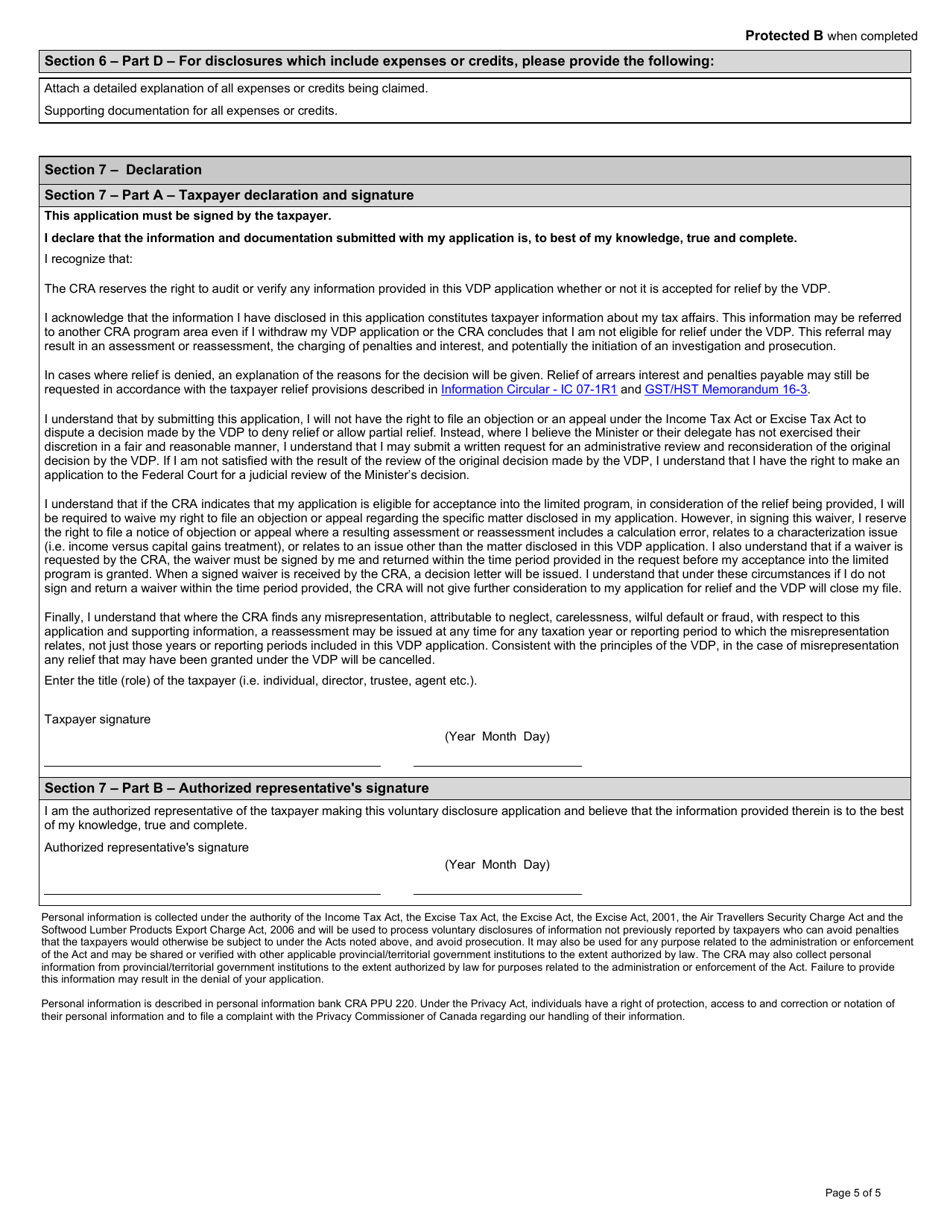 Form RC199 Voluntary Disclosures Program (Vdp) Application - Canada, Page 5