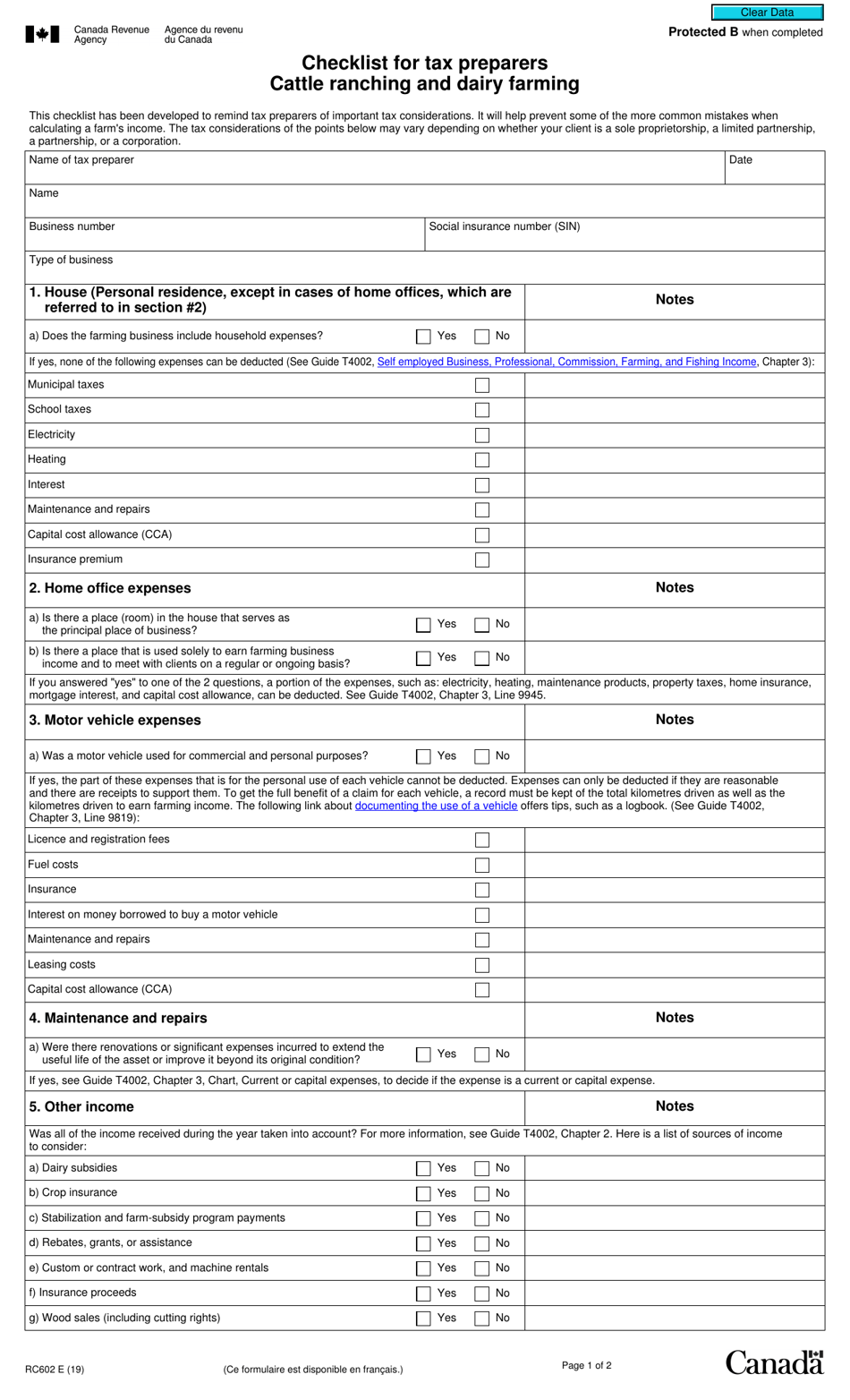 Form RC602 Checklist for Tax Preparers - Cattle Ranching and Dairy Farming - Canada, Page 1