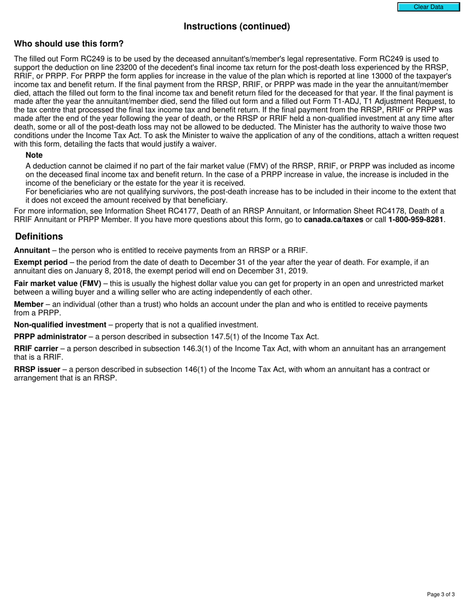 Form RC249 Post-death Decline in the Value of a Rrif, an Unmatured Rrsp and Post-death Increase or Decline in the Value of a Prpp - Canada, Page 3