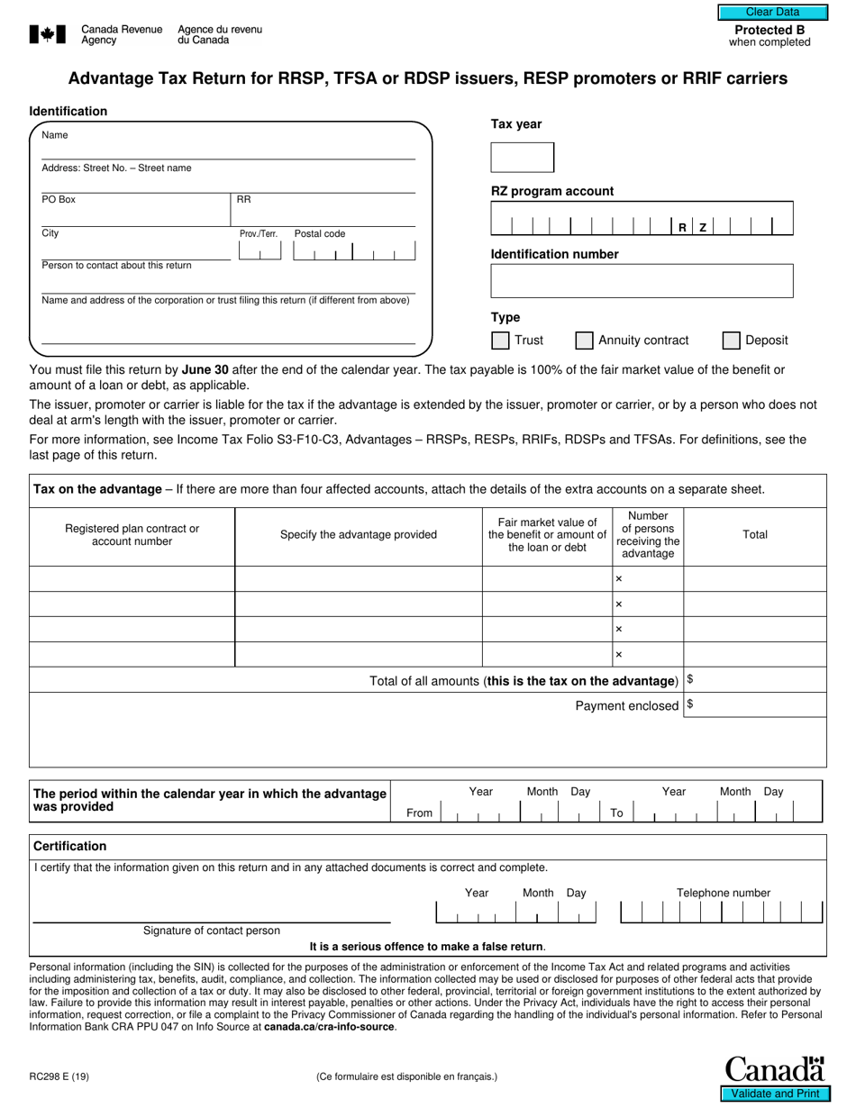Form RC298 Advantage Tax Return for Rrsp, Tfsa, Rdsp, or Resp Issuers or Rrif Carriers - Canada, Page 1