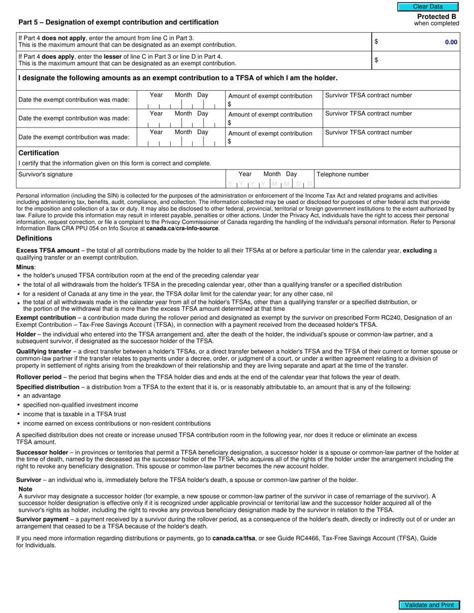 Form RC240 Designation of an Exempt Contribution - Tax-Free Savings Account (Tfsa) - Canada, Page 2