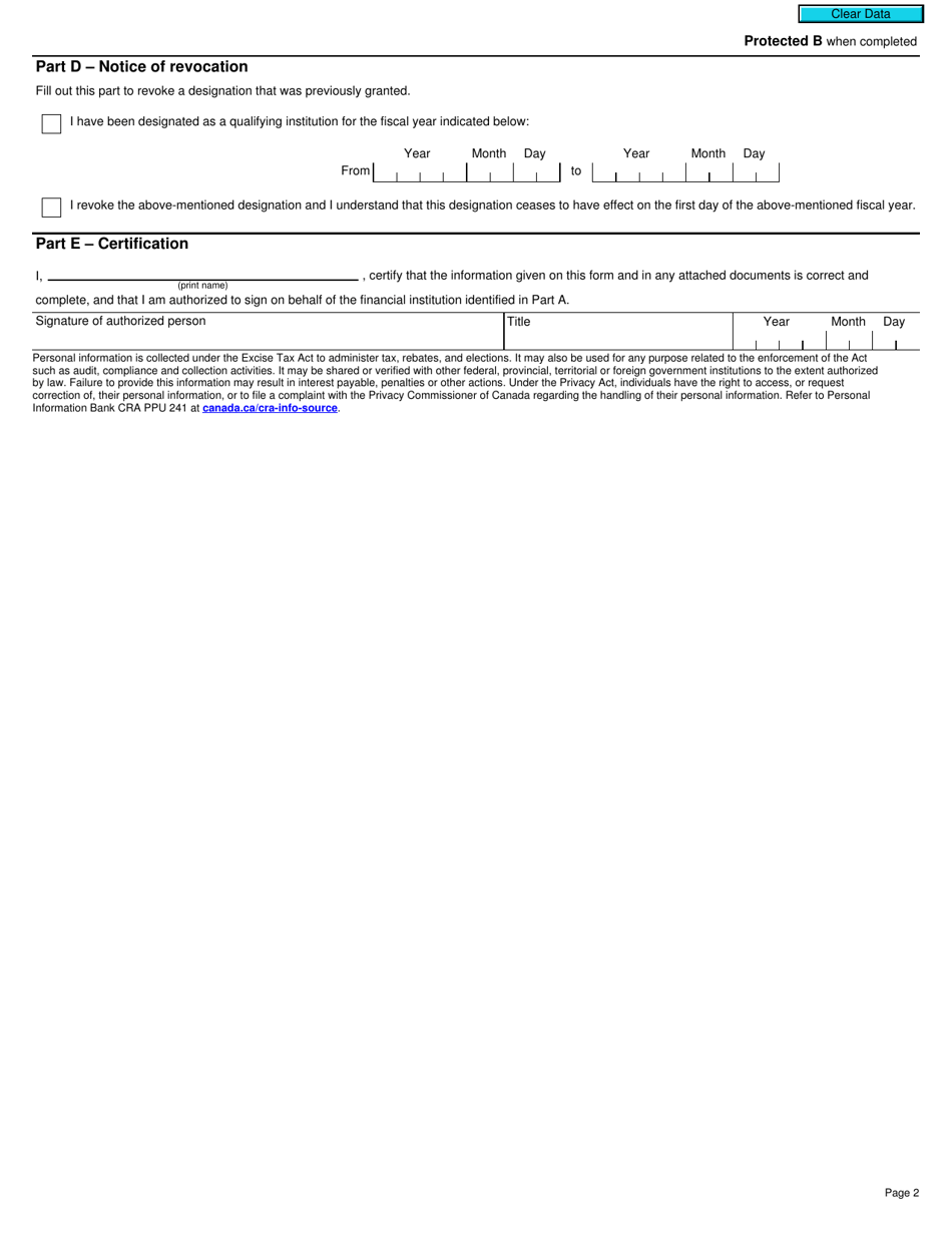 Form RC4521 Application for a Financial Institution of a Prescribed Class to Be Designated as a Qualifying Institution or Revocation of a Previously Granted Designation - Canada, Page 2