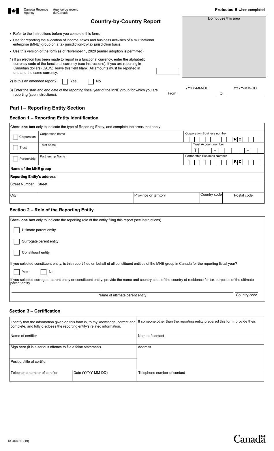 Form RC4649 Country-By-Country Report - Canada, Page 1