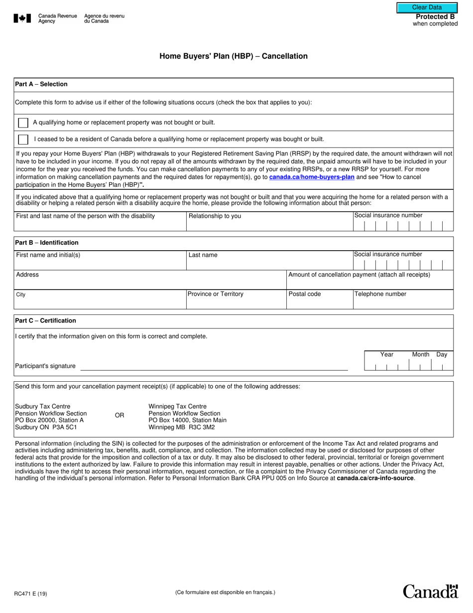 Form RC471 Home Buyers Plan (Hbp) Cancellation - Canada, Page 1
