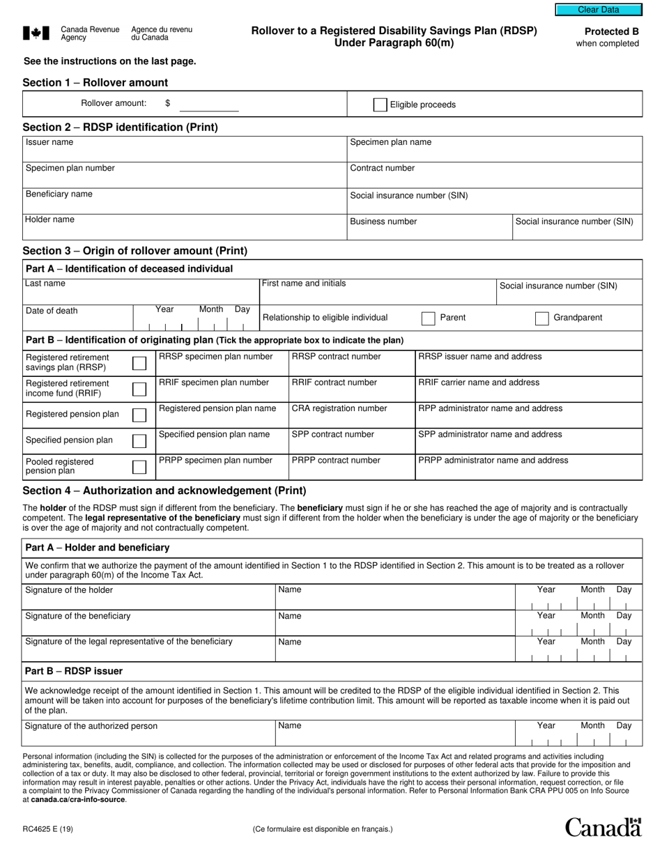 Form RC4625 Rollover to a Registered Disability Savings Plan (Rdsp) Under Paragraph 60(M) - Canada, Page 1