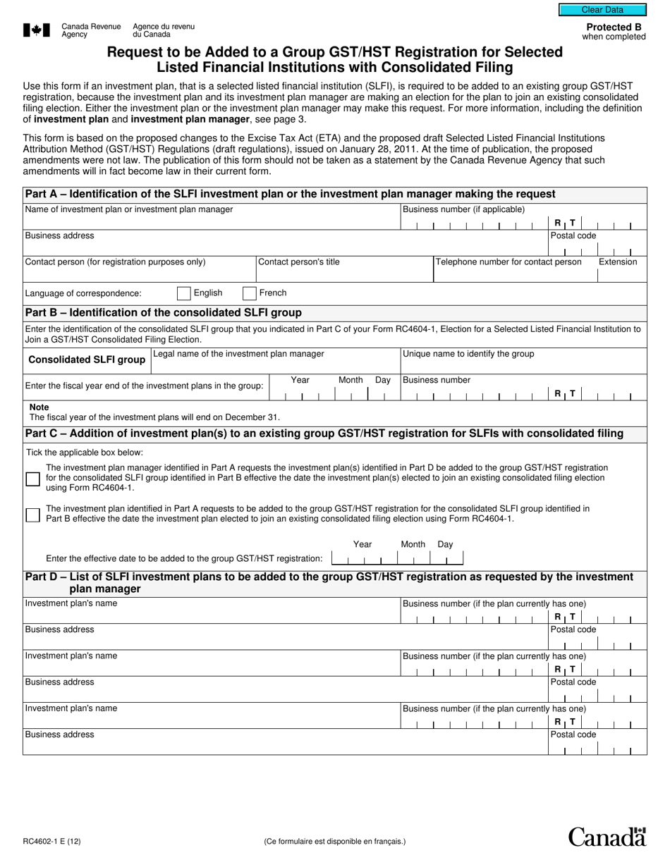 Form RC4602-1 Request to Be Added to a Group Gst / Hst Registration for Selected Listed Financial Institutions With Consolidated Filing - Canada, Page 1