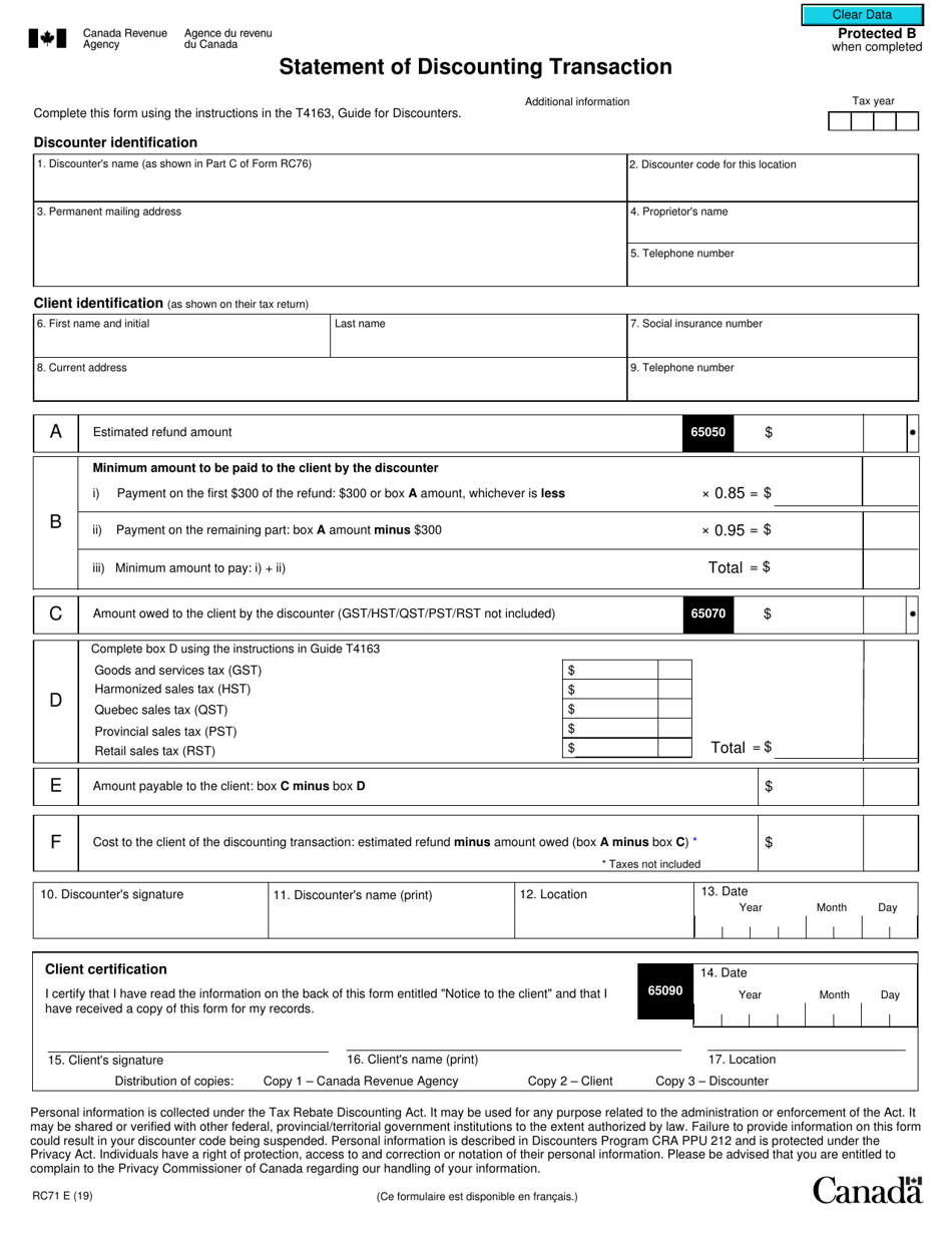 Form RC71 Statement of Discounting Transaction - Canada, Page 1