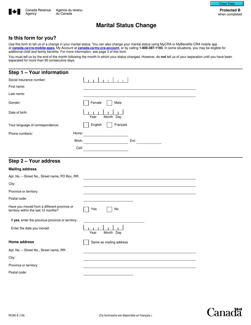 Form RC65 Marital Status Change - Canada, Page 1
