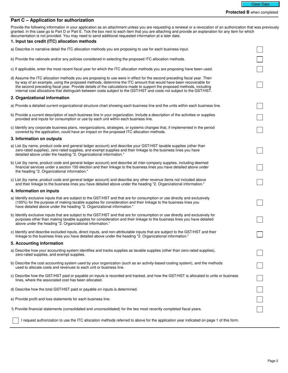 Form RC7216 Application, Renewal, or Revocation of the Authorization for a Qualifying Institution That Is a Selected Listed Financial Institution to Use Particular Input Tax Credit Allocation Methods - Canada, Page 2
