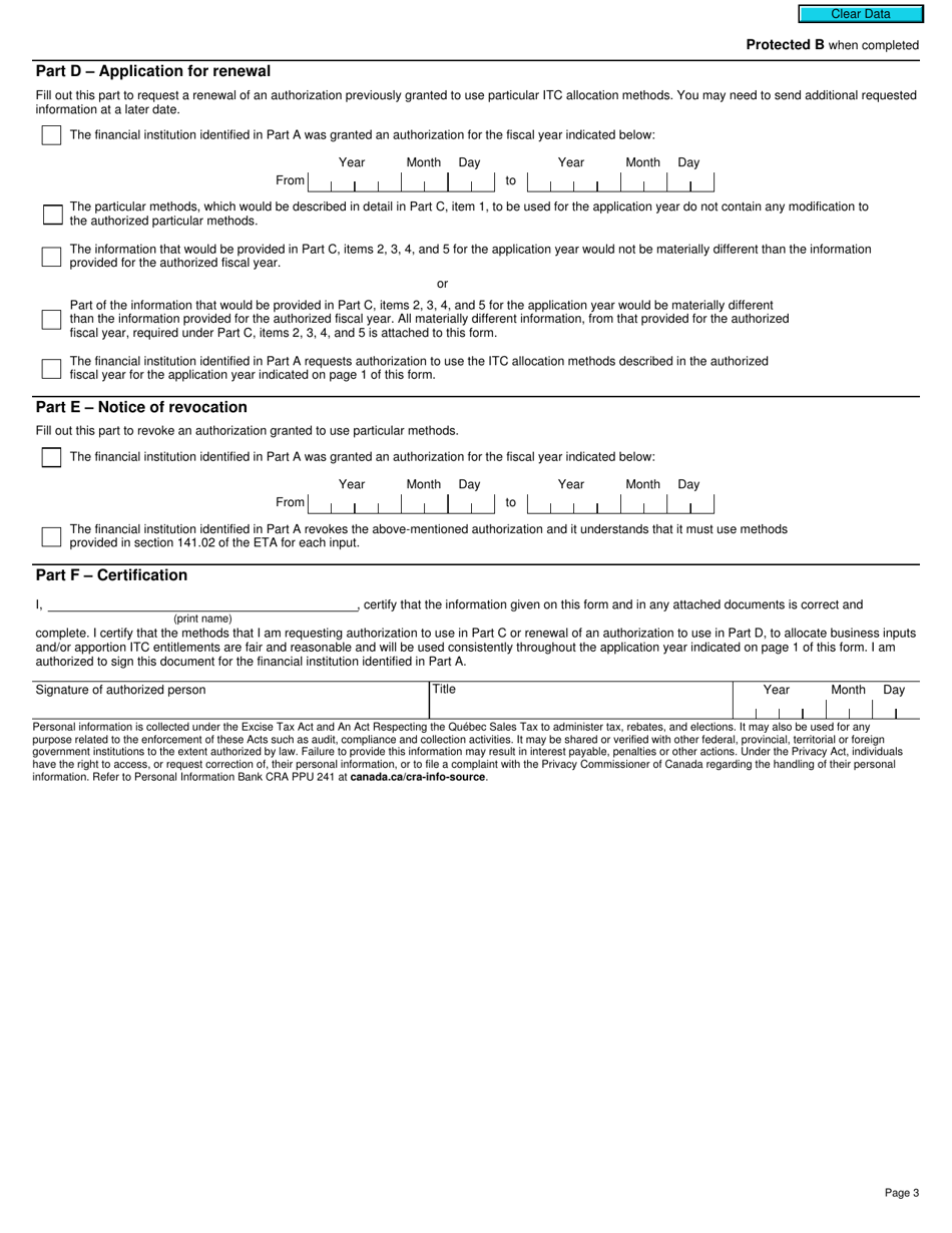 Form RC7216 Application, Renewal, or Revocation of the Authorization for a Qualifying Institution That Is a Selected Listed Financial Institution to Use Particular Input Tax Credit Allocation Methods - Canada, Page 3