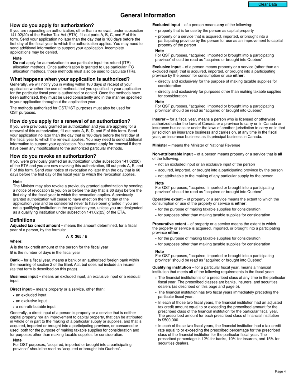 Form RC7216 Application, Renewal, or Revocation of the Authorization for a Qualifying Institution That Is a Selected Listed Financial Institution to Use Particular Input Tax Credit Allocation Methods - Canada, Page 4