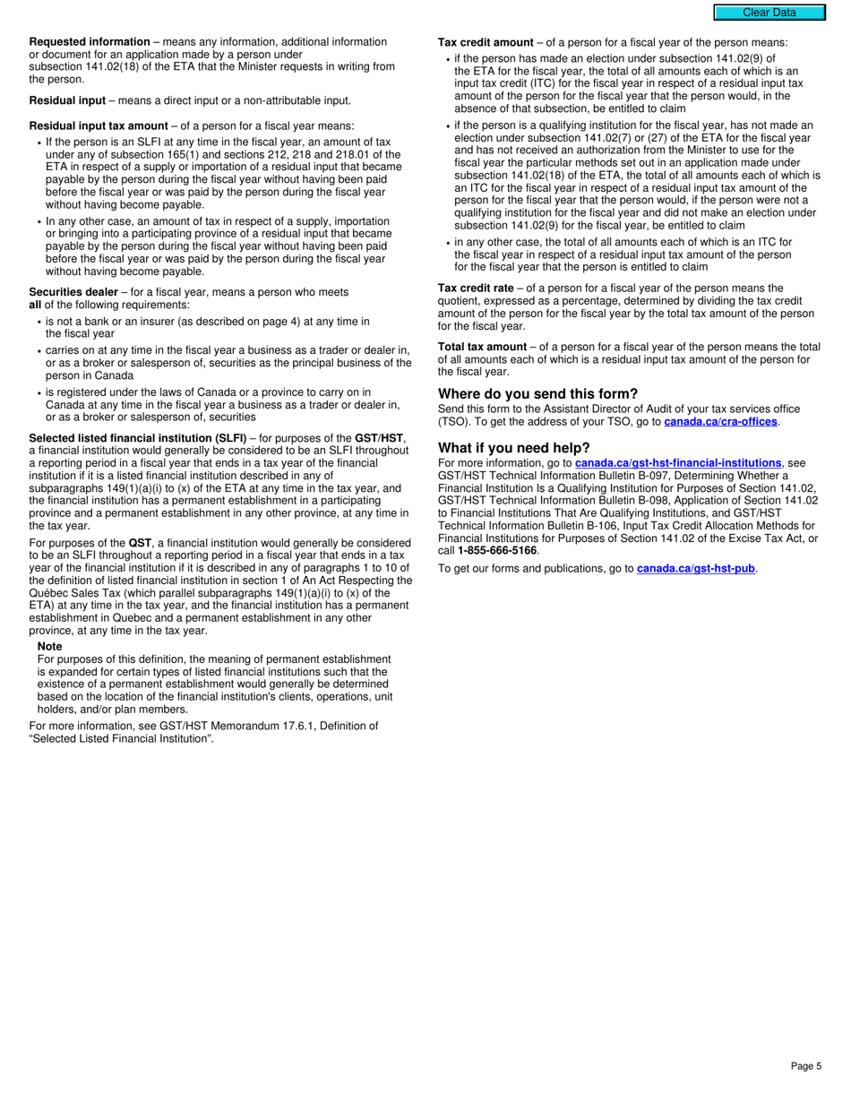 Form RC7216 Application, Renewal, or Revocation of the Authorization for a Qualifying Institution That Is a Selected Listed Financial Institution to Use Particular Input Tax Credit Allocation Methods - Canada, Page 5