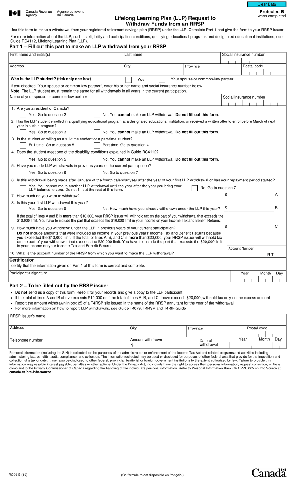 Form RC96 Lifelong Learning Plan (LLP ) Request to Withdraw Funds From an Rrsp - Canada, Page 1