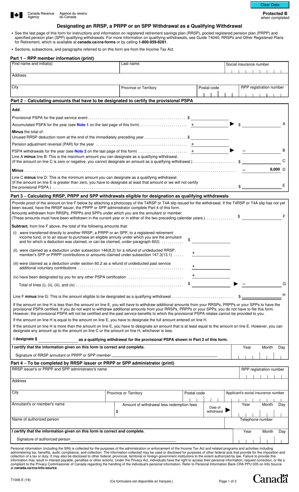 Form T1006 Designating an Rrsp, an Prpp or an Spp Withdrawal as a Qualifying Withdrawal - Canada, Page 1