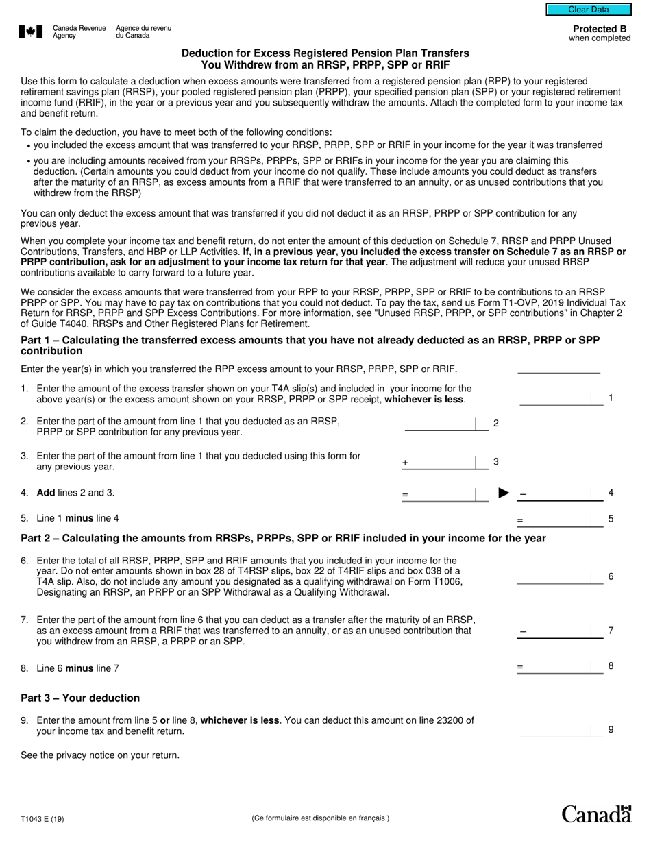 Form T1043 Deduction for Excess Registered Pension Plan Transfers You Withdrew From an Rrsp, or Rrif - Canada, Page 1