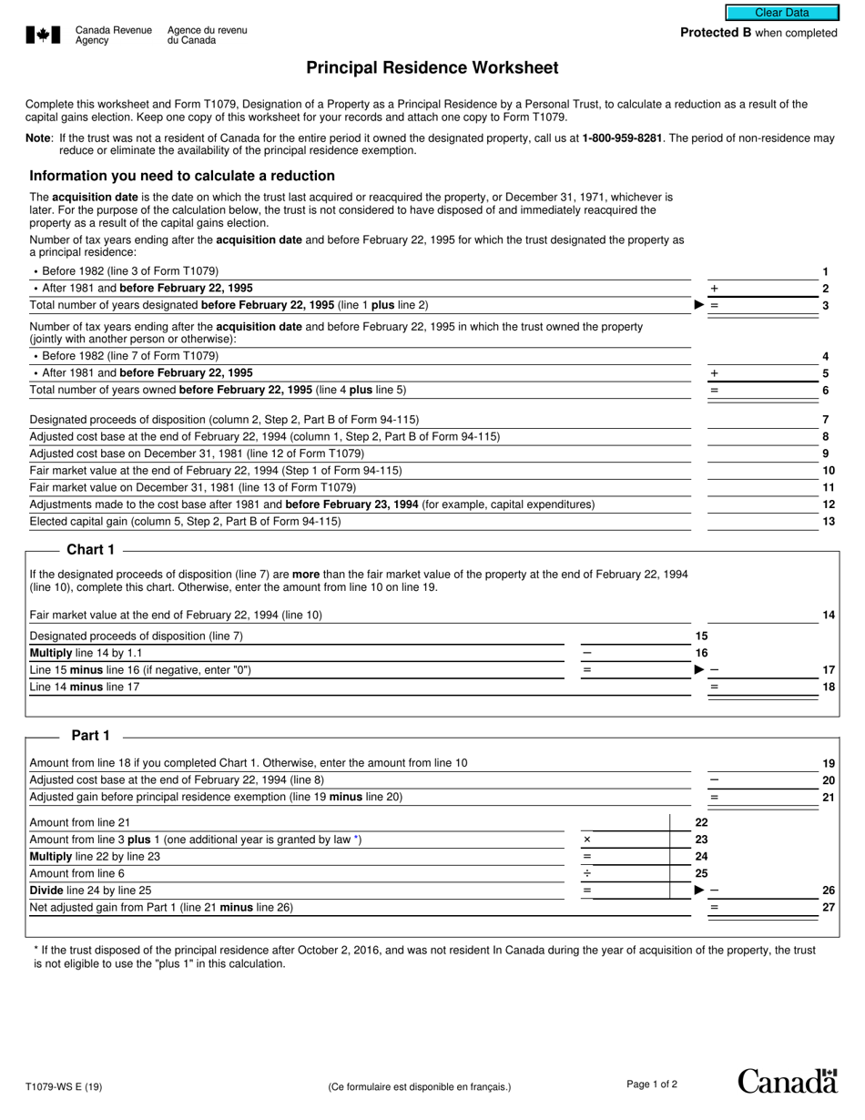 Form T1079WS Principal Residence Worksheet - Canada, Page 1
