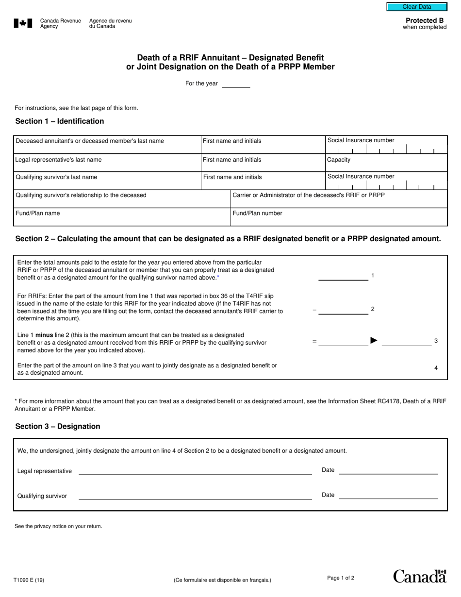 Form T1090 Death of a Rrif Annuitant - Designated Benefit or Joint Designation on the Death of a Prpp Member - Canada, Page 1