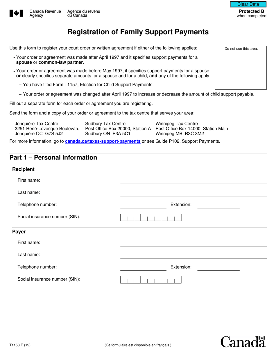Form T1158 Registration of Family Support Payments - Canada, Page 1