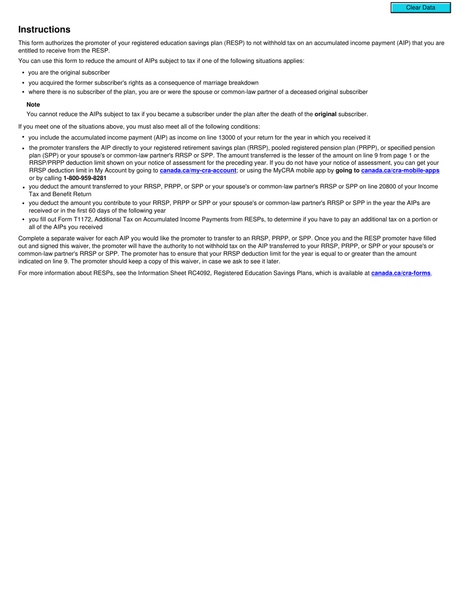 Form T1171 Tax Withholding Waiver on Accumulated Income Payments From Resps - Canada, Page 2