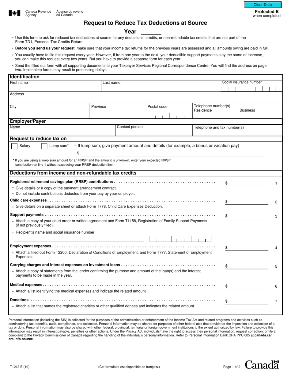 Form T1213 Request to Reduce Tax Deductions at Source - Canada, Page 1