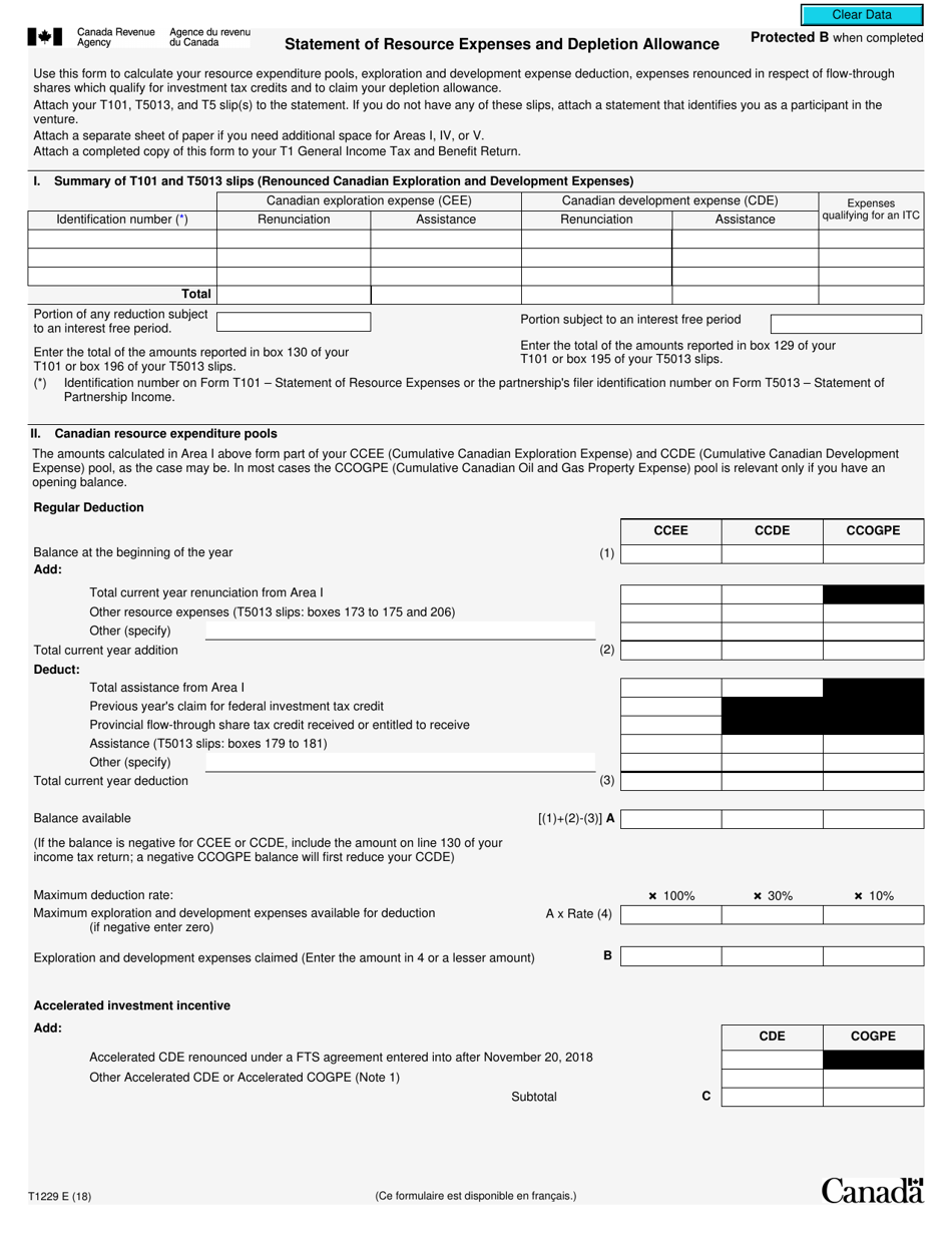 Form T1229 Statement of Resource Expenses and Depletion Allowance - Canada, Page 1