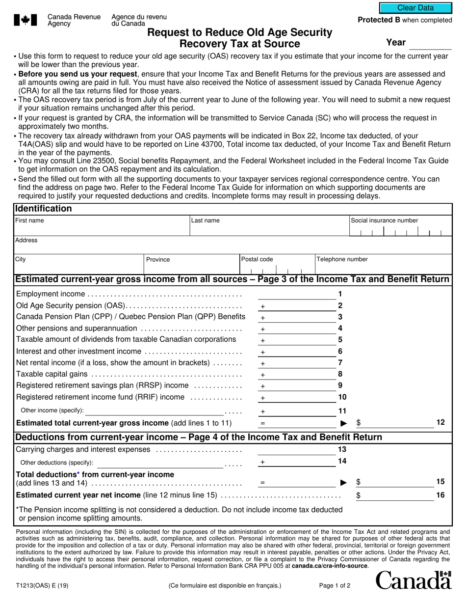 Form T1213(OAS) Request to Reduce Old Age Security Recovery Tax at Source - Canada, Page 1