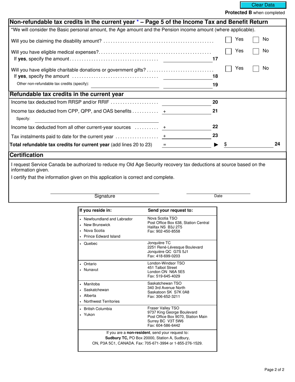 Form T1213(OAS) Request to Reduce Old Age Security Recovery Tax at Source - Canada, Page 2
