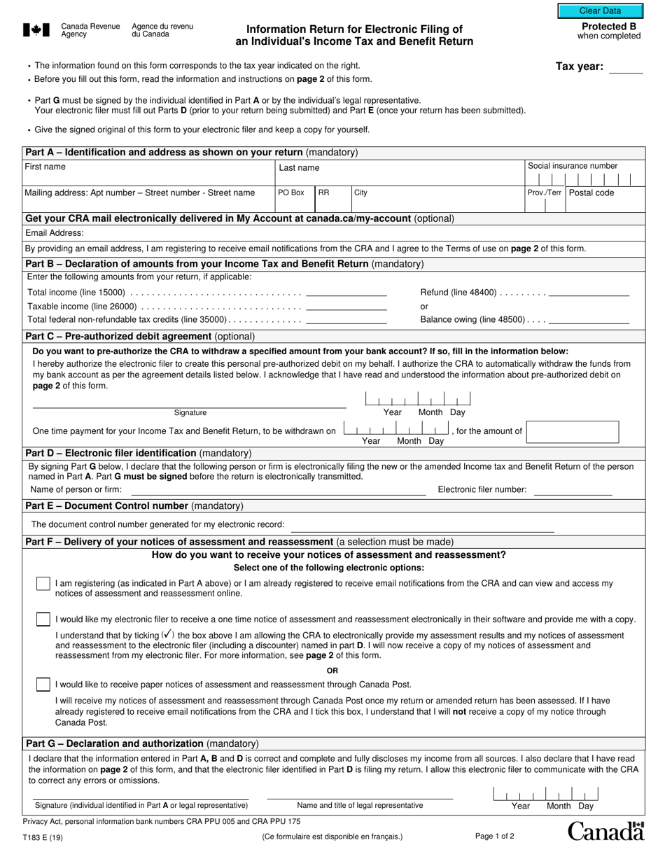 Form T183 Information Return for Electronic Filing of an Individuals Income Tax and Benefit Return - Canada, Page 1