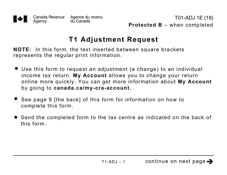 Form T1-ADJ T1 Adjustment Request - Large Print - Canada, Page 1